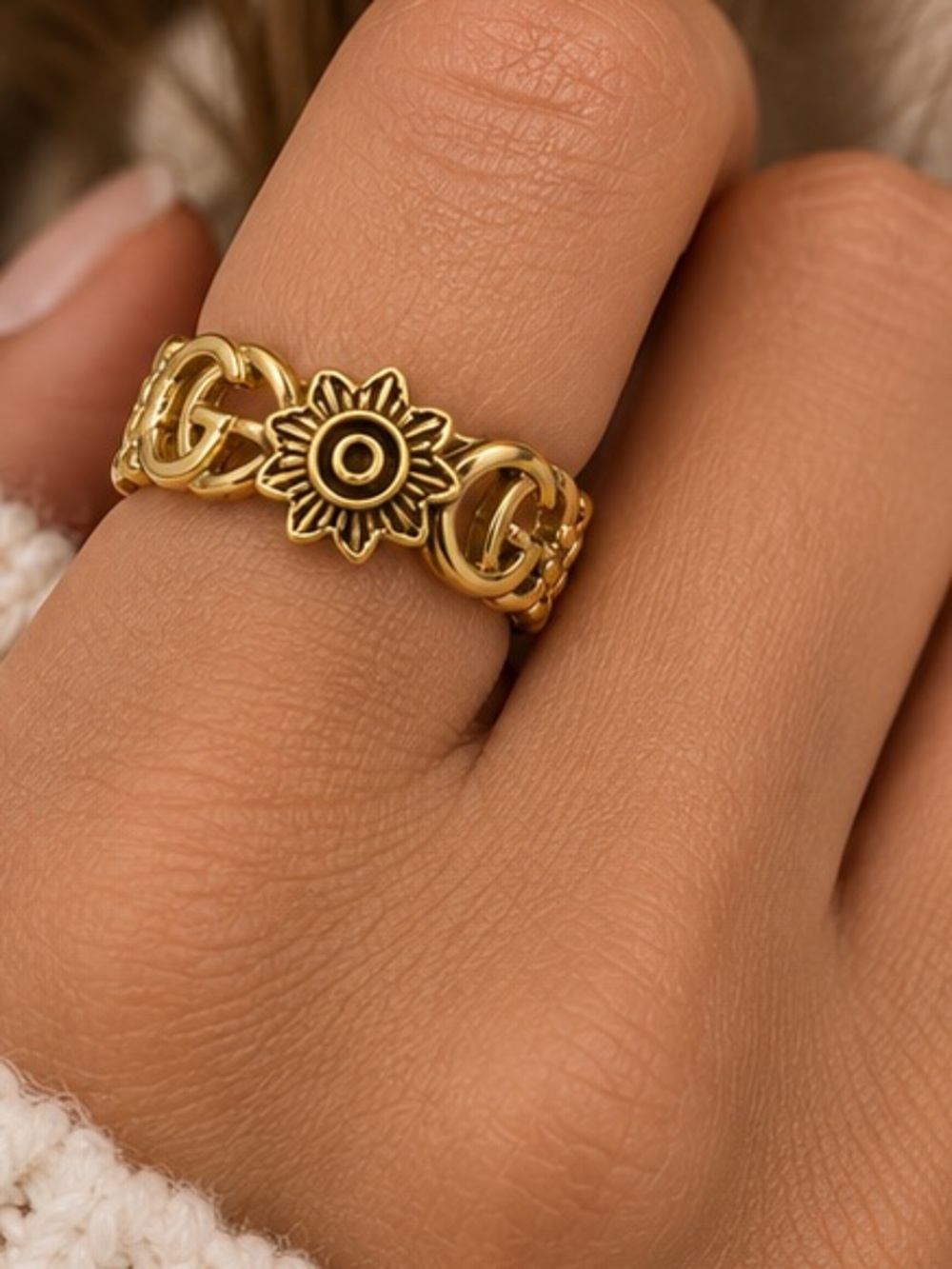 Designer Inspired Gold GG Flower Ring Adjustable